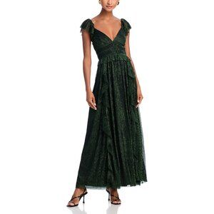 AQUA x WICKED 💚 Metallic Ruffled Holiday Party Maxi Dress, Black/Green, NWT